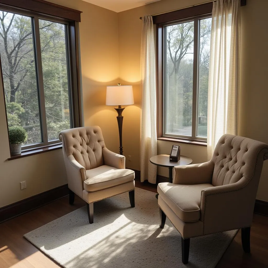 Comfortable and professional room designed for in-person consultations, featuring warm lighting, two inviting chairs, and a calm atmosphere.