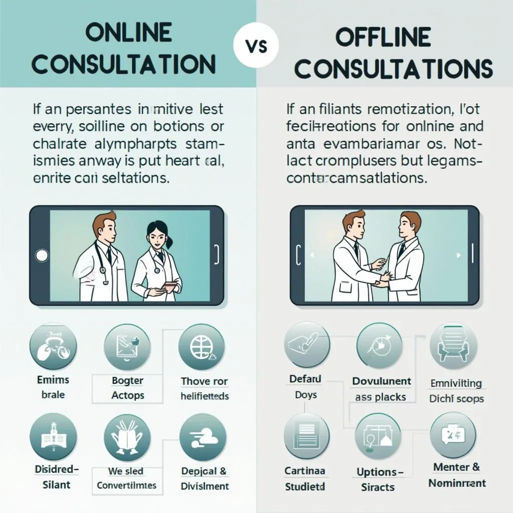 Stylized infographic visuals comparing the benefits of online versus offline consultations using clean design and clear icons.