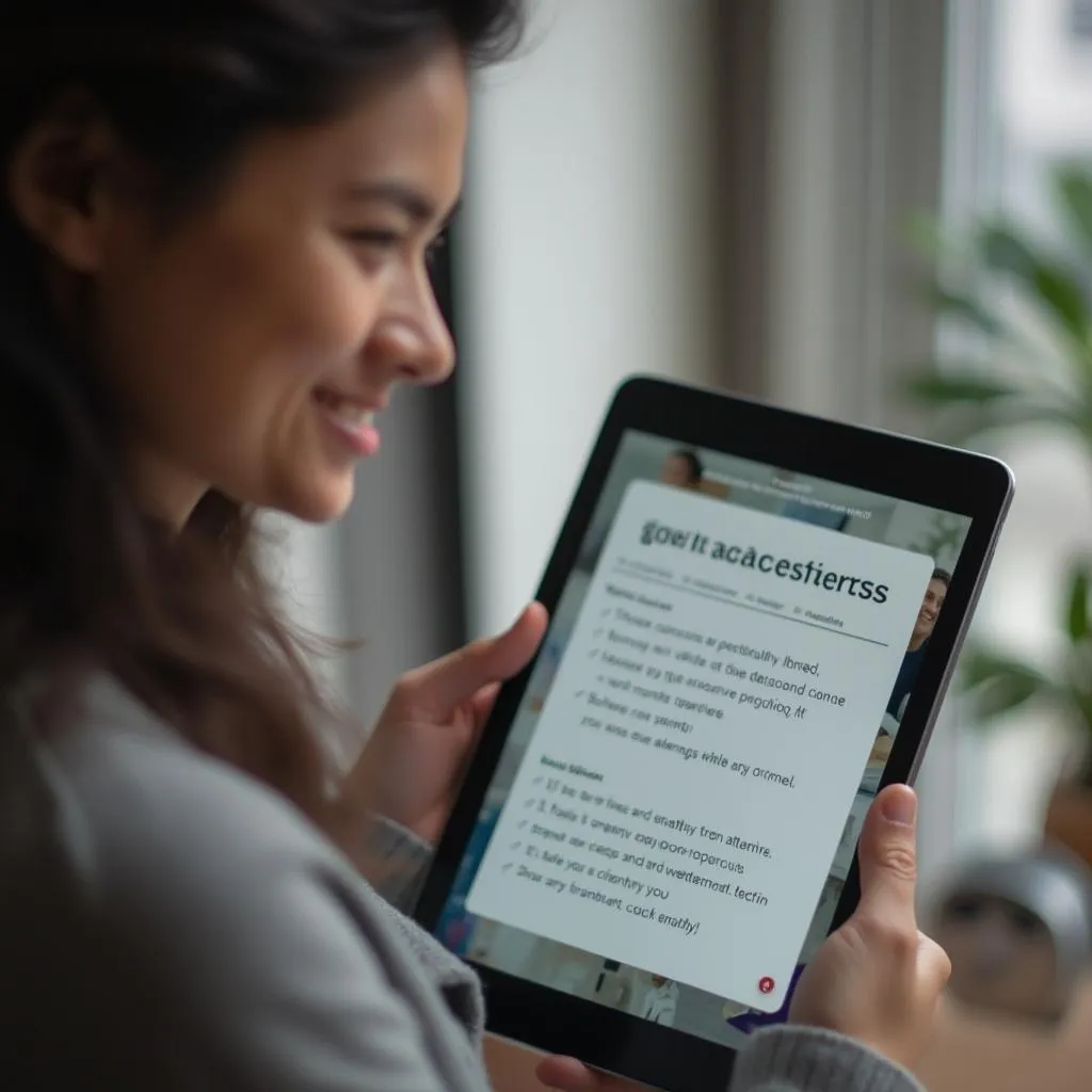 A person looking thoughtfully at a digital tablet displaying consultation choices, then smiling with a sense of clarity and confidence.