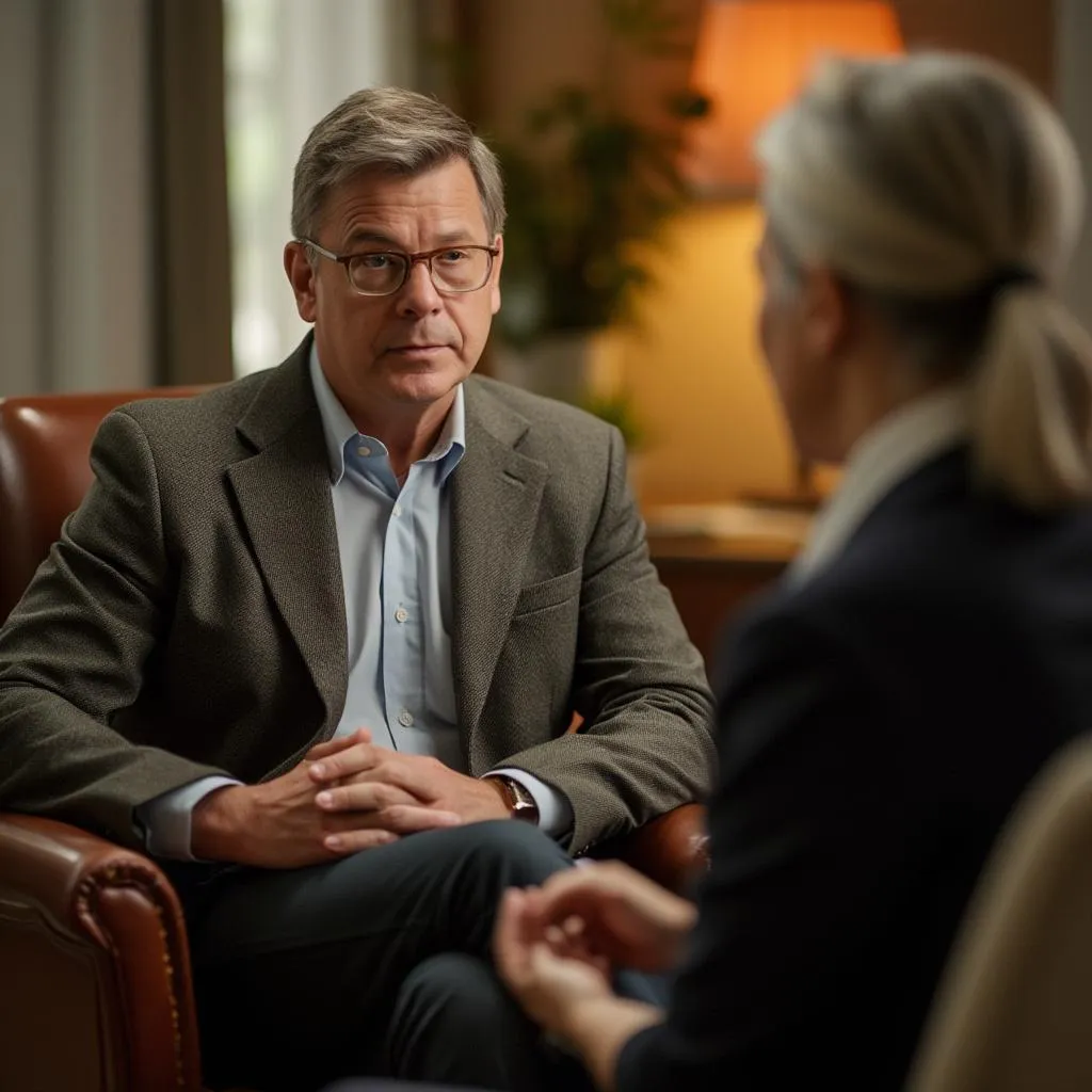 Two people having a serious in-person discussion in an office